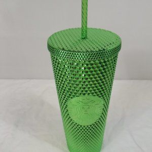 Starbucks green metallic geometric coffee holiday 24oz cup tumbler & straw NWT